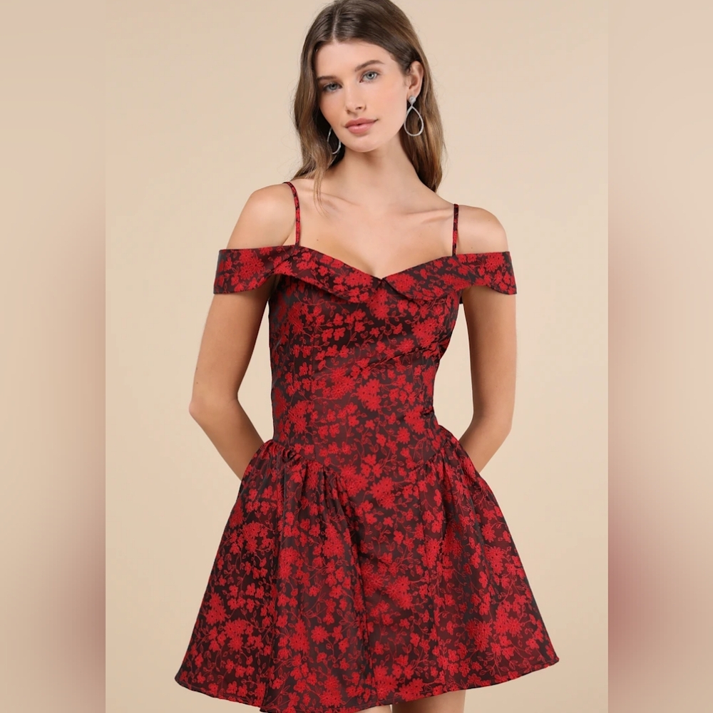 Lulus Flirty Enticement Red Jacquard Off-the-Shoulder Mini Dress